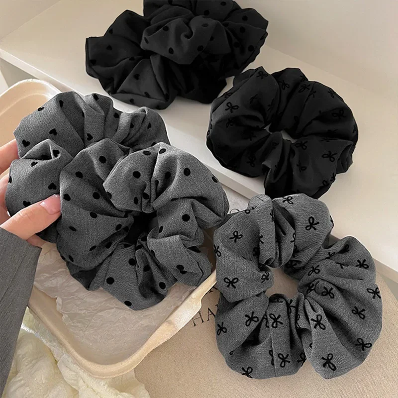 

New Polka Dot Hair Ties Rope Women Large Size Heart Bowknot Printed Scrunchies Grey Black Hairband Ponytail Holder Headwear