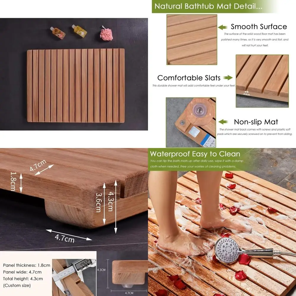 

large teak wood shower floor mat with non-slip base and drainage hole