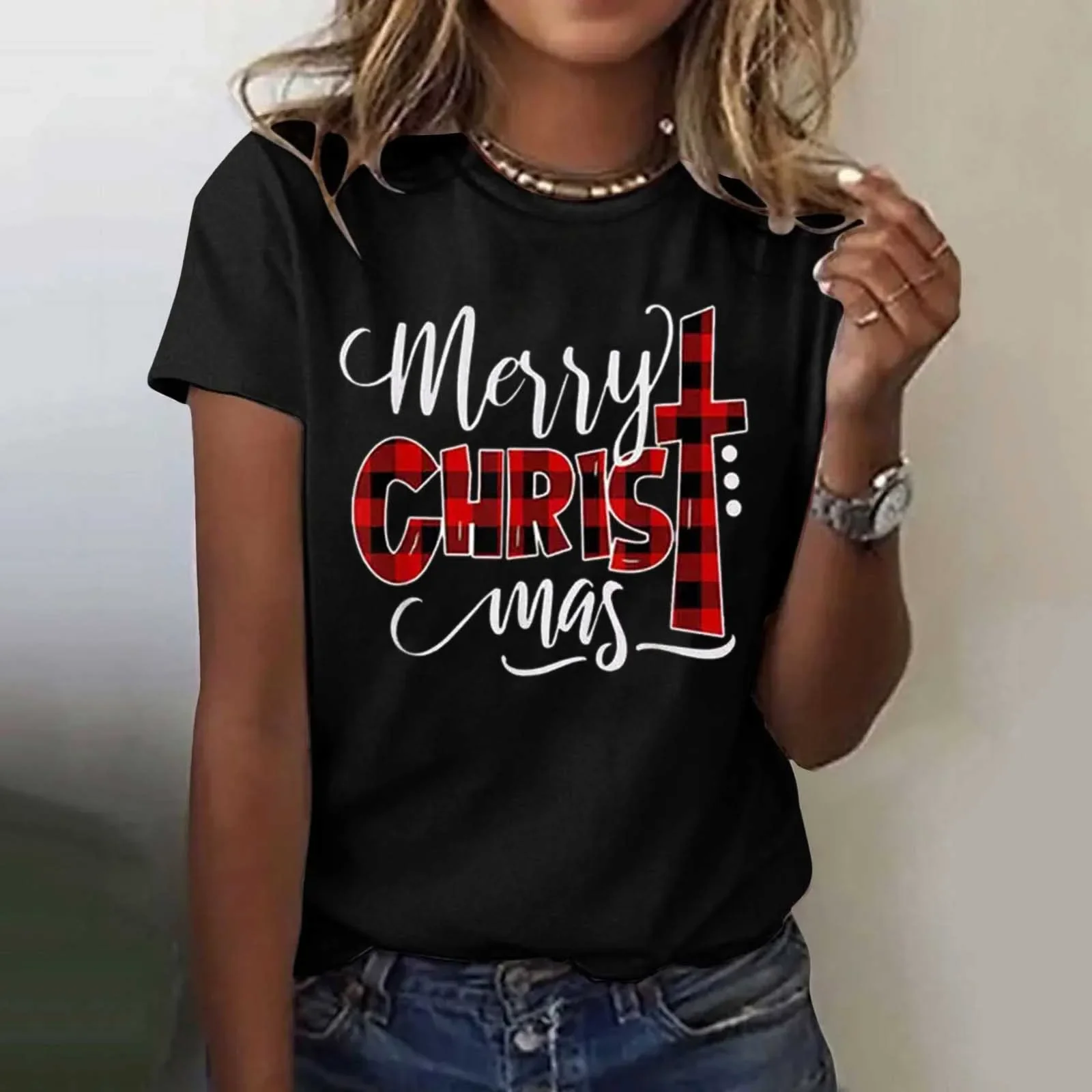 Christmas Women\'s Casual T-Shirs 2024 Summer Red Hat Wine Glass Graphic Tees XMAS Funny Print Tops Short Sleeve O-Neck Clothes