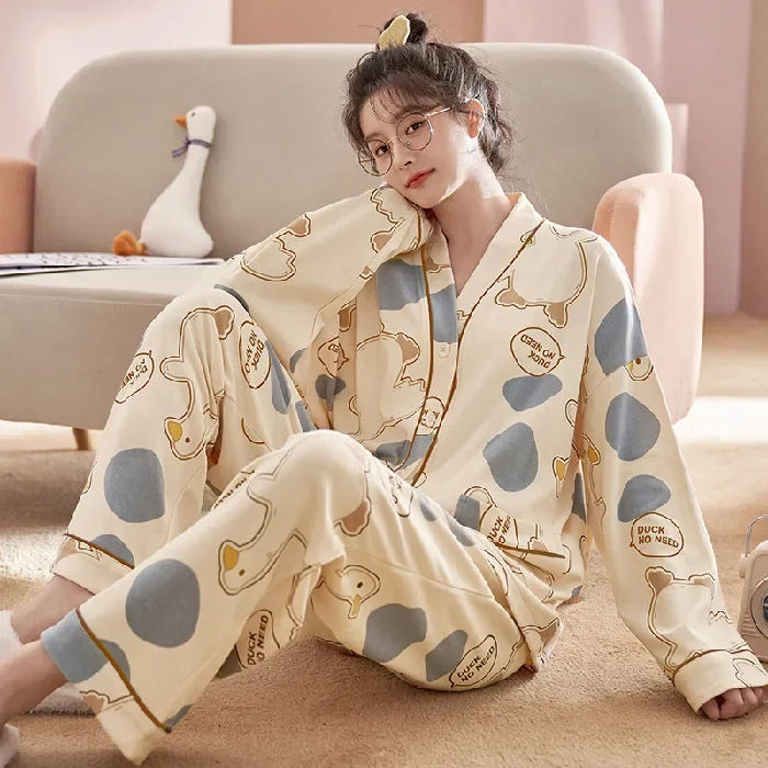 New Sleepwear Women's Cardigan V-neck Long Sleeve Pants Cartoon Loose Home Suit Set Pajamas for Women In Spring and Autumn