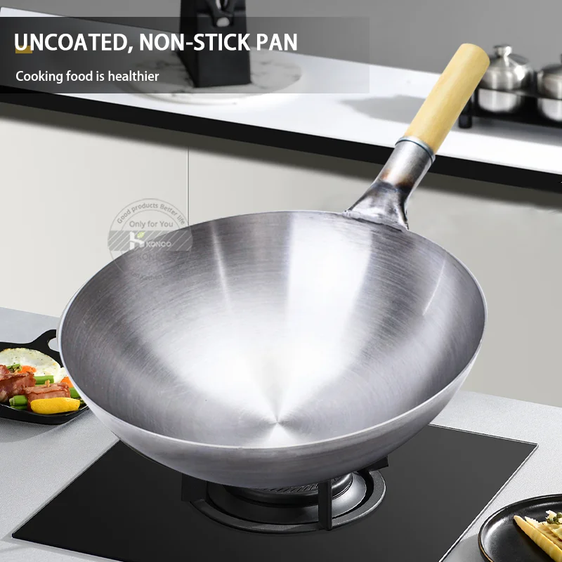 32/34/36cm Iron Wok Uncoated lightweight Kitchen Cooking Pot Beech Handle,Suitable for Gas Stove