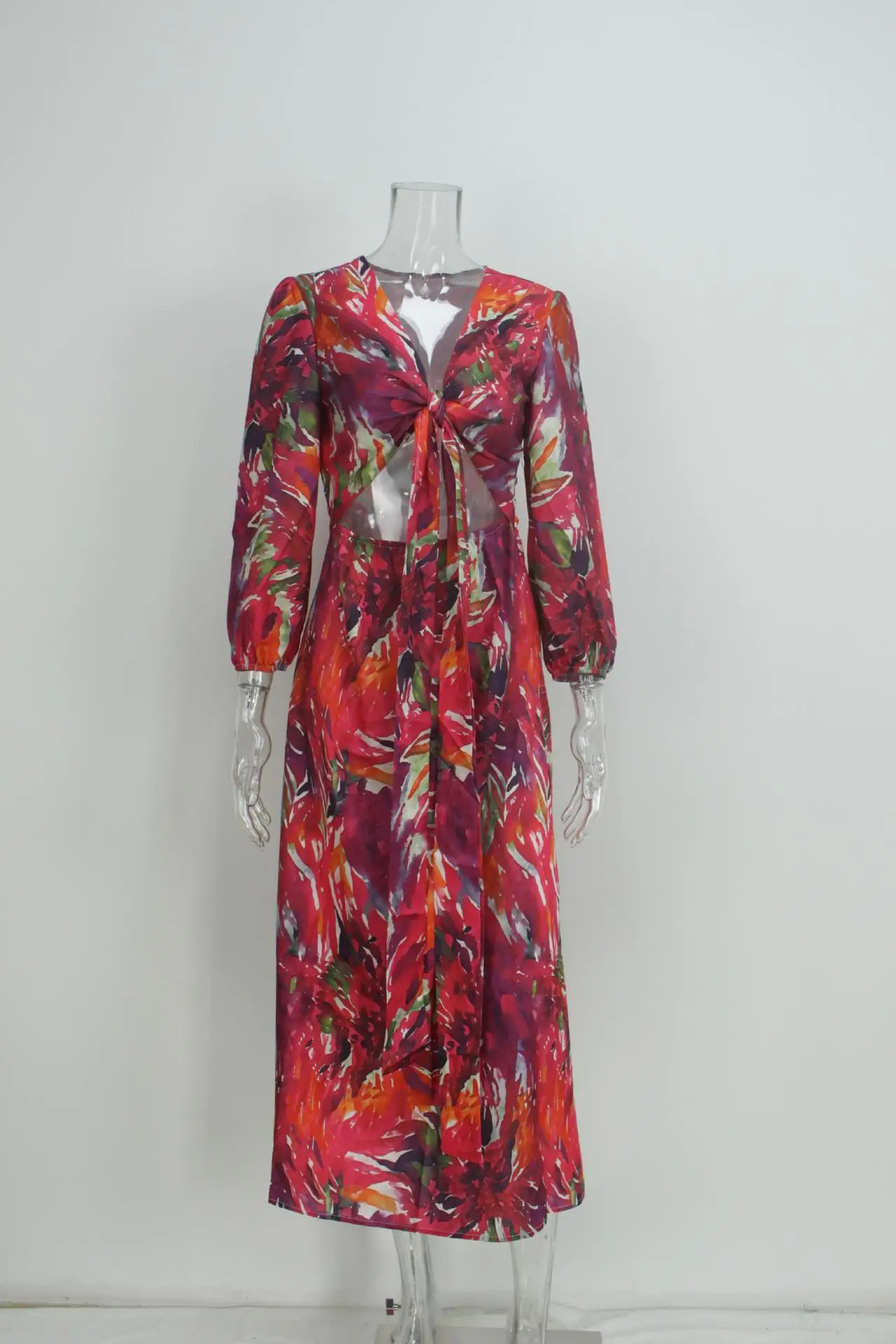 SKMY 2025 printemps femmes vêtements mode imprimé élégant longues robes Sexy à lacets évider col en v à manches longues robes de soirée