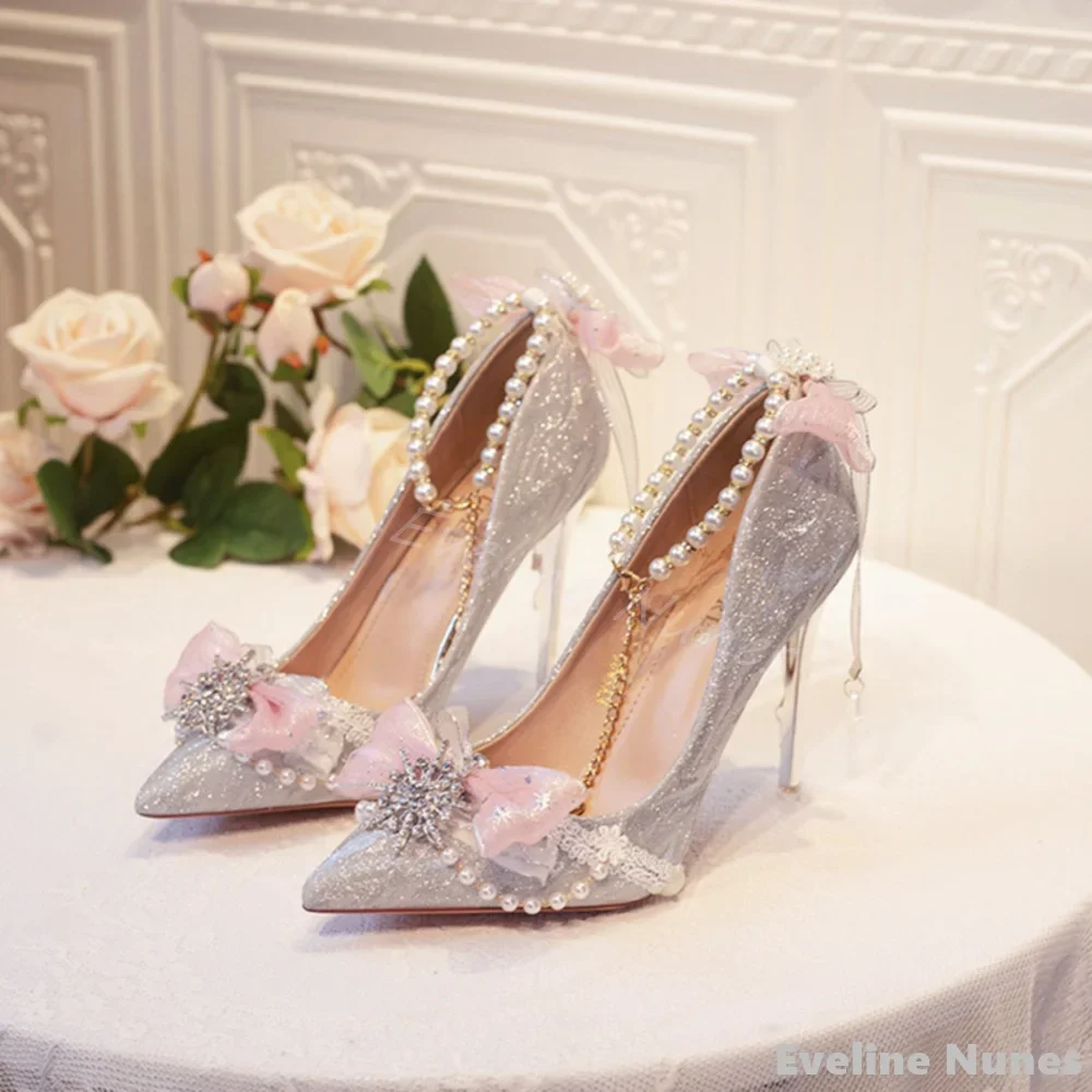 Shiny Rhinestone Chain Lolita Pumps Women Pointed Toe Lace Ankle Buckle Sexy Stiletto Heels Spring Party Wedding Fashion Pumps