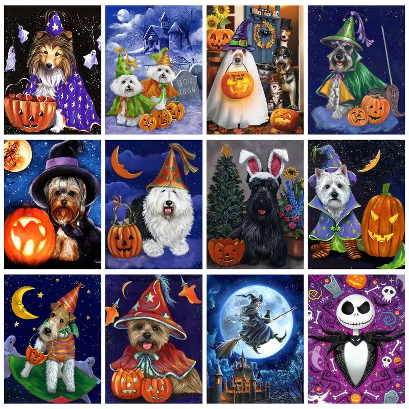 

GATYZTORY Diamond Painting Frame DIY Crafts Halloween Decoration Mosaic Embroidery Diy Gift Cross Stitch Pimpkin Head Magic Dog