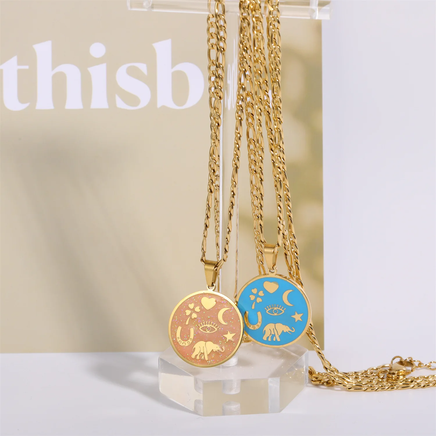 Lucky Symbol Element Round Coin Necklace For Teens Female Color Drip Figaro Chain Clavicle Pendant Women's Accessories