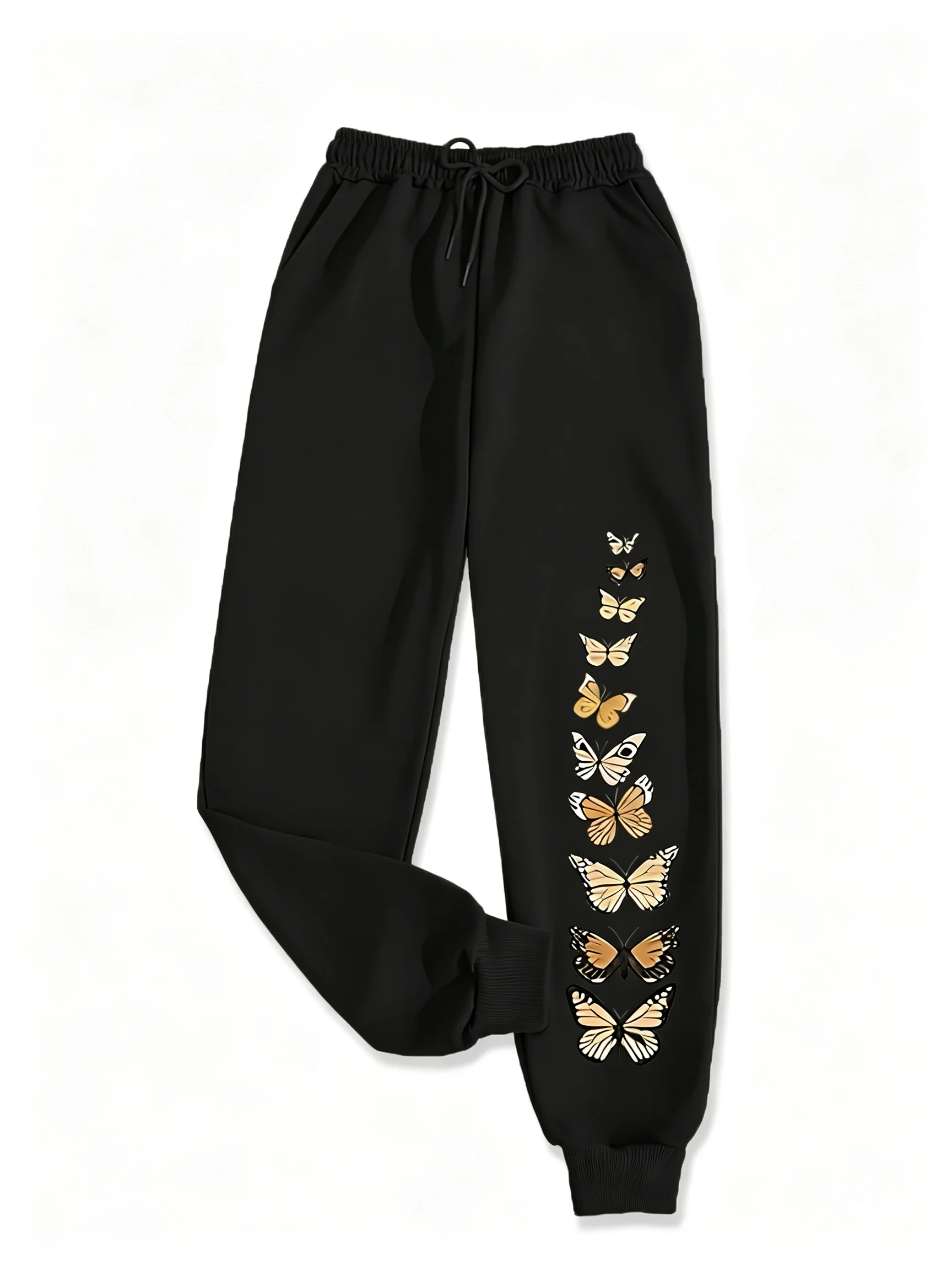Women Casual Sports Pants Butterfly Print Drawstring Waist Slant Pockets Polyester Knit Adult Sweatpants For Autumn Winter