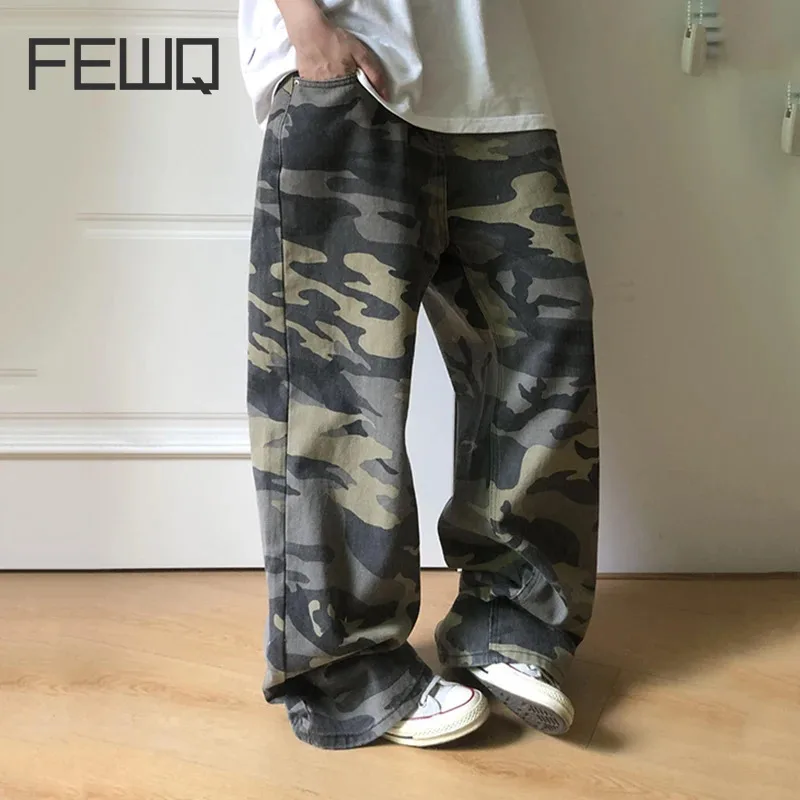 FEWQ American Washed Niche Design Camouflage Workwear Jeans 2024 Contrast Color Wide Leg Male Trousers New Fashion 24E1422