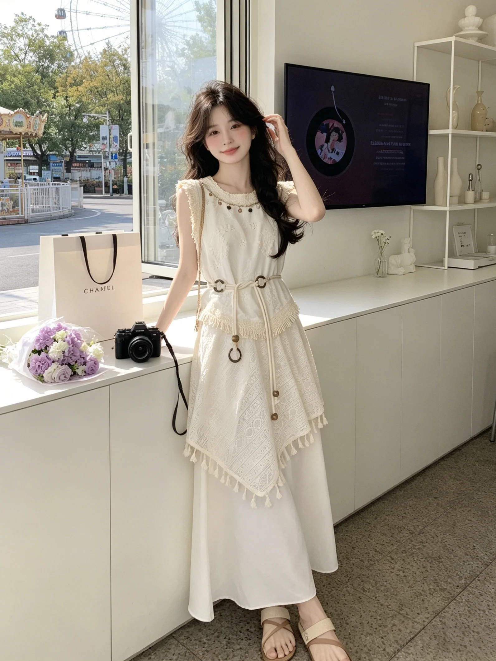 

Bohemian Style Two-Piece Set Women's Summer Vacation Hook Lace Tassel Sleeveless Vest Skirt Breathable Lightweight Casua...