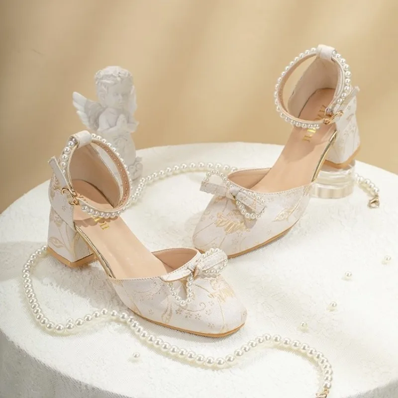 2024 Spring Women High Heels Mary Jane Pumps Party Wedding White Pink Beige String Bead Bow Princess Cosplay Lolita Shoes 36-40