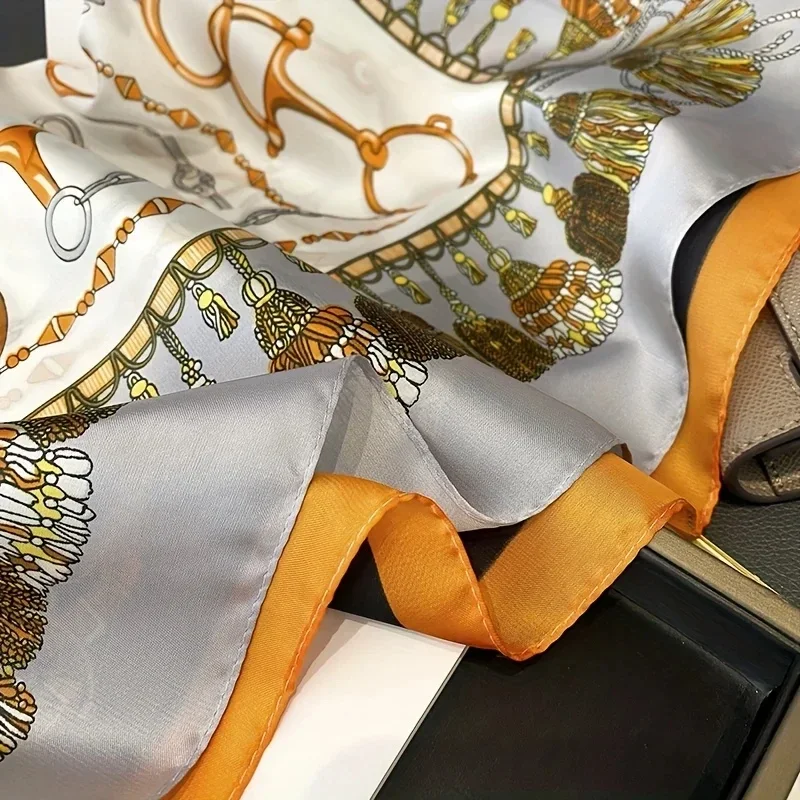 2024 New Chain Tassel Print Square Scarf Thin Breathable Neck Scarf Boho Style Sunscreen Headscarf For Women