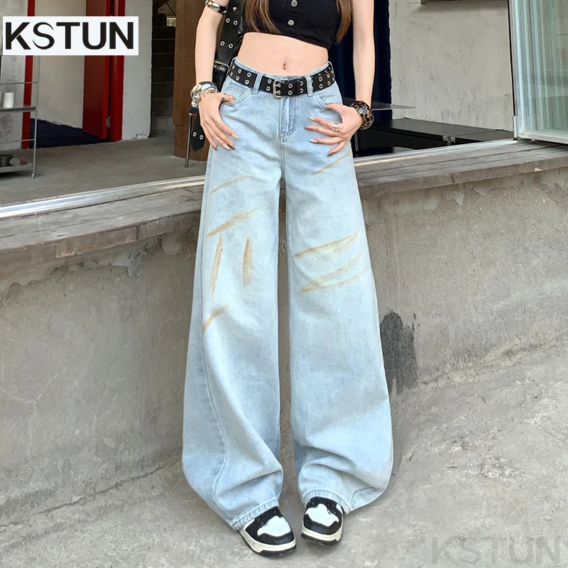 

KSTUN 2026, женские широкие джинсы, светло-голубые пряные брюки для девочек, винтажная уличная одежда с принтом, прямые брюки без пояса