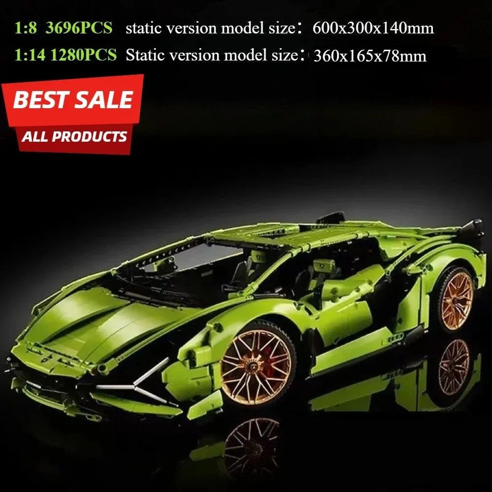 

1:8 Scale 3696PCS High Detail Super Sports Car Building Blocks-Green Static Model with Golden Rims DIY Collection Toy for Adults