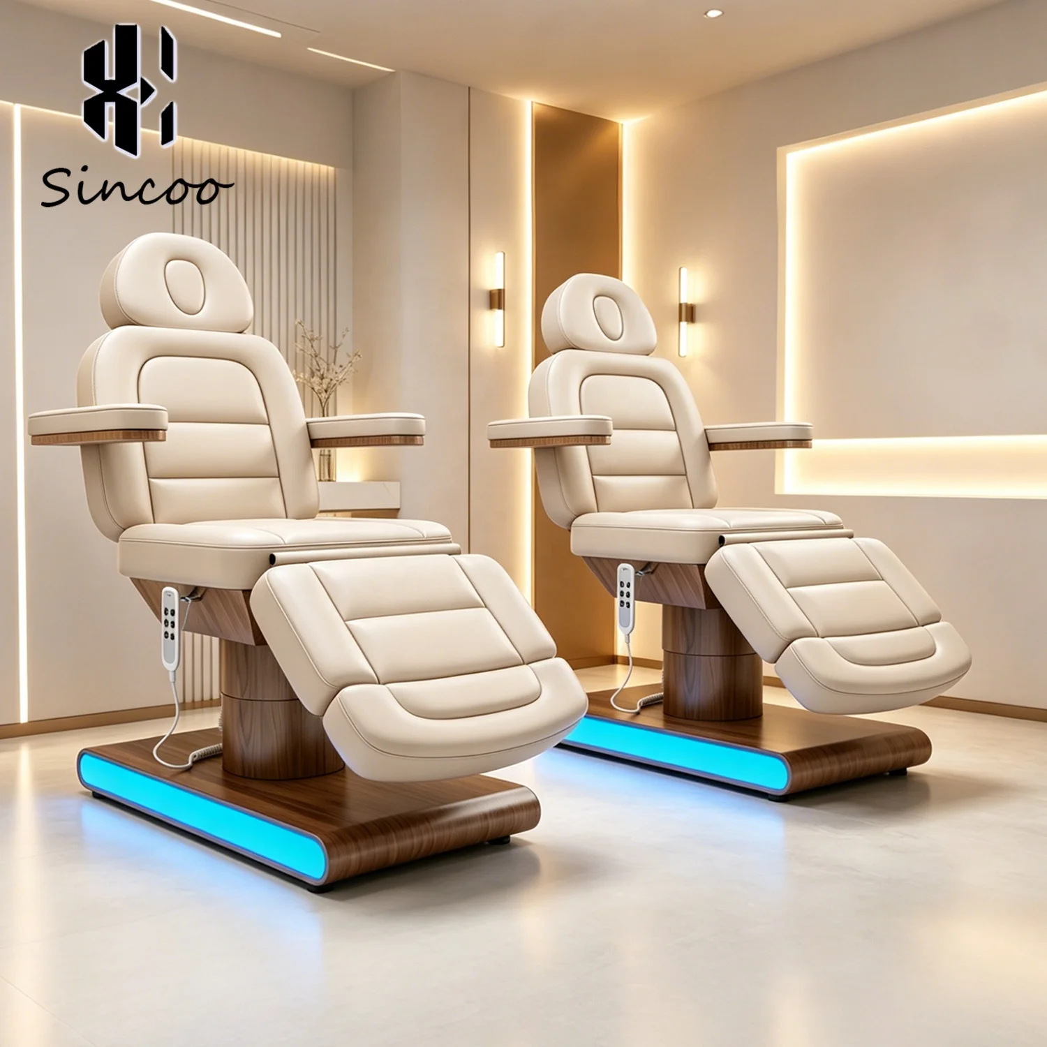 Coofull Luxury Modern Beauty Salon Electric Eyelash Spa Massage Bed with Wood Grain Stainless Steel Base Facial Beauty Bed