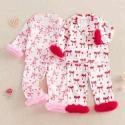 Baby Girl Silk Pajamas Set Floral Girl Button Down Feather Trim Sleeve Shirts and Pants Valentines Day Satin Pj Sets