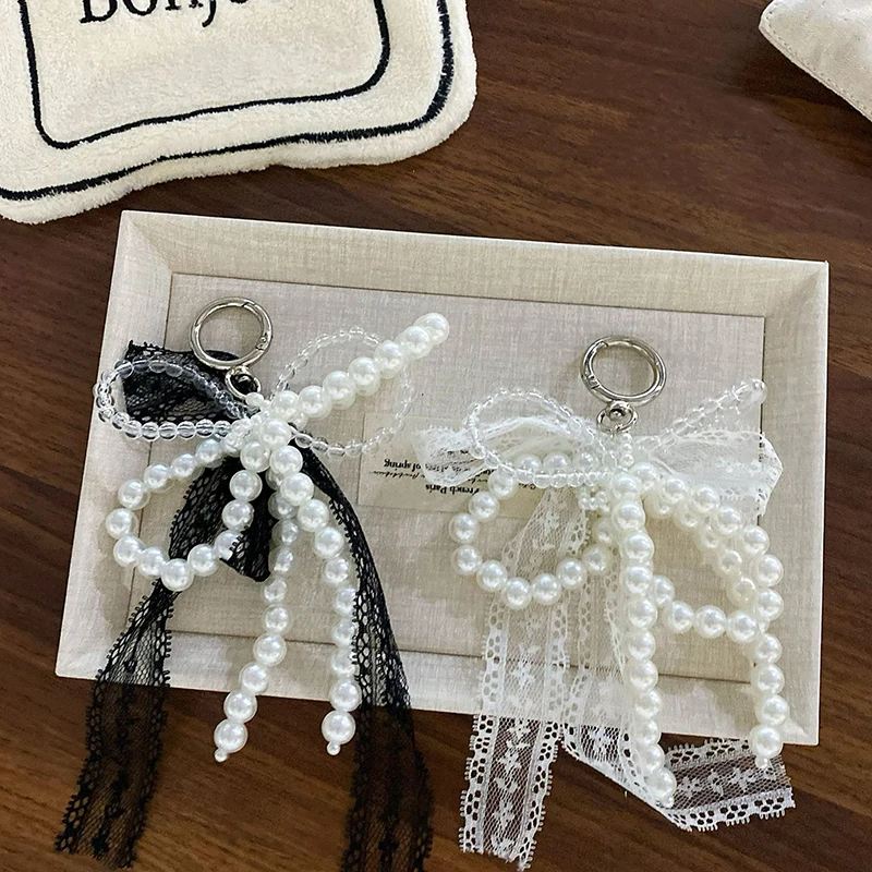 Exquisite Pearls Beaded Bow Keychain Lace Bowknot Phone Chain Keyring Bag Pendant For Car Key Ring Purse Wallet Backpack Charms