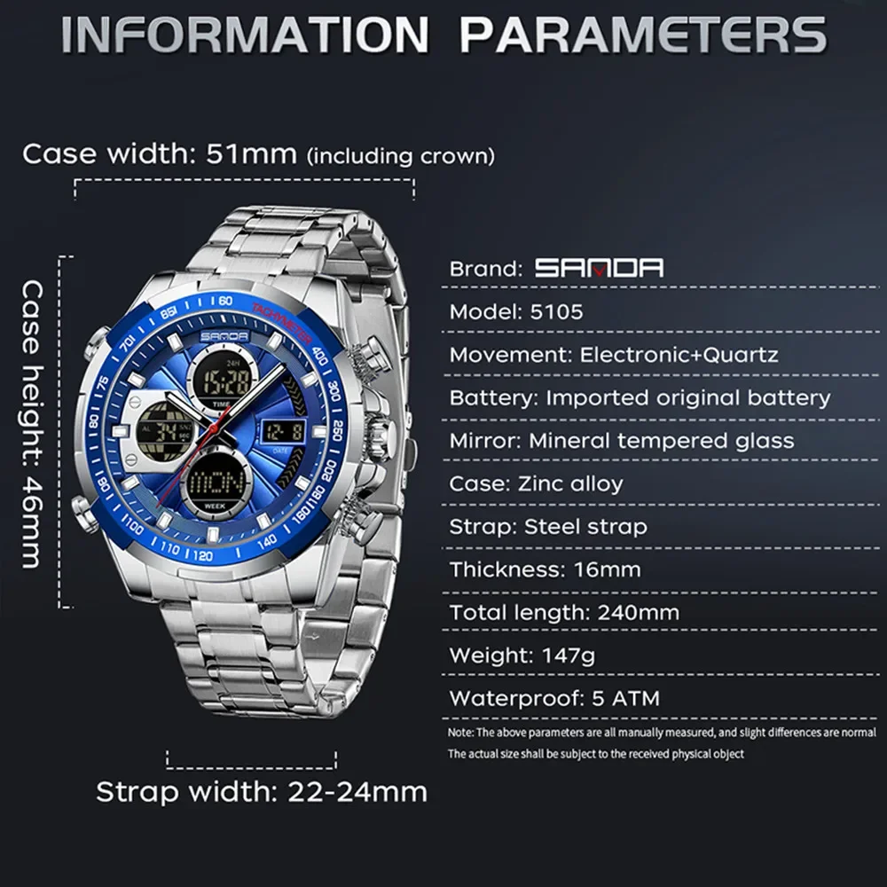 SANDA Men's Quartz Electronic Watch Dual Display Sports Multi functional Waterproof LED Night Light Men's Electronic Watch 5105(