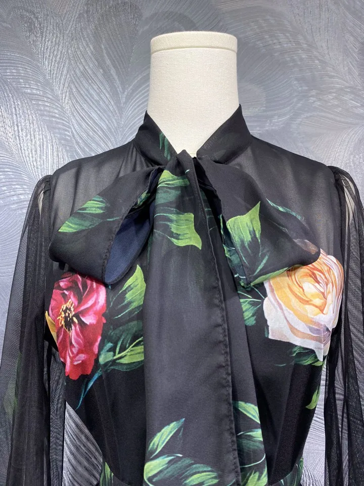 Bow Tie Elegant Long Dress 2025 Spring High Quality Clothing Women Big Floral Prints Long Sleeve Black Long Evening Maxi Dress