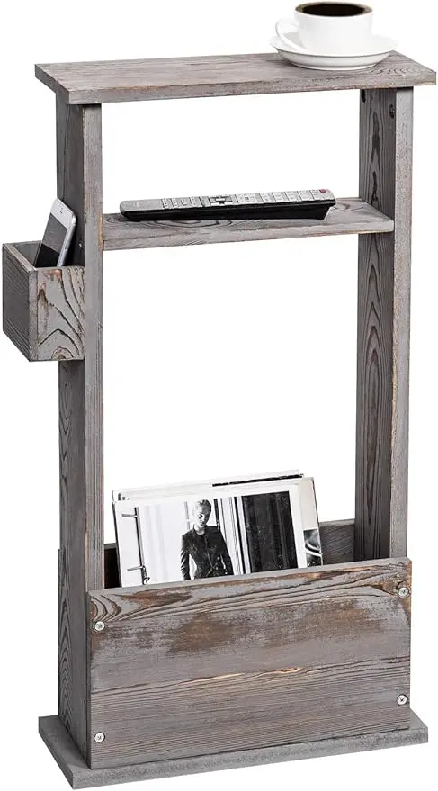 

Vintage Grey Wood Side Table with Magazine Holder