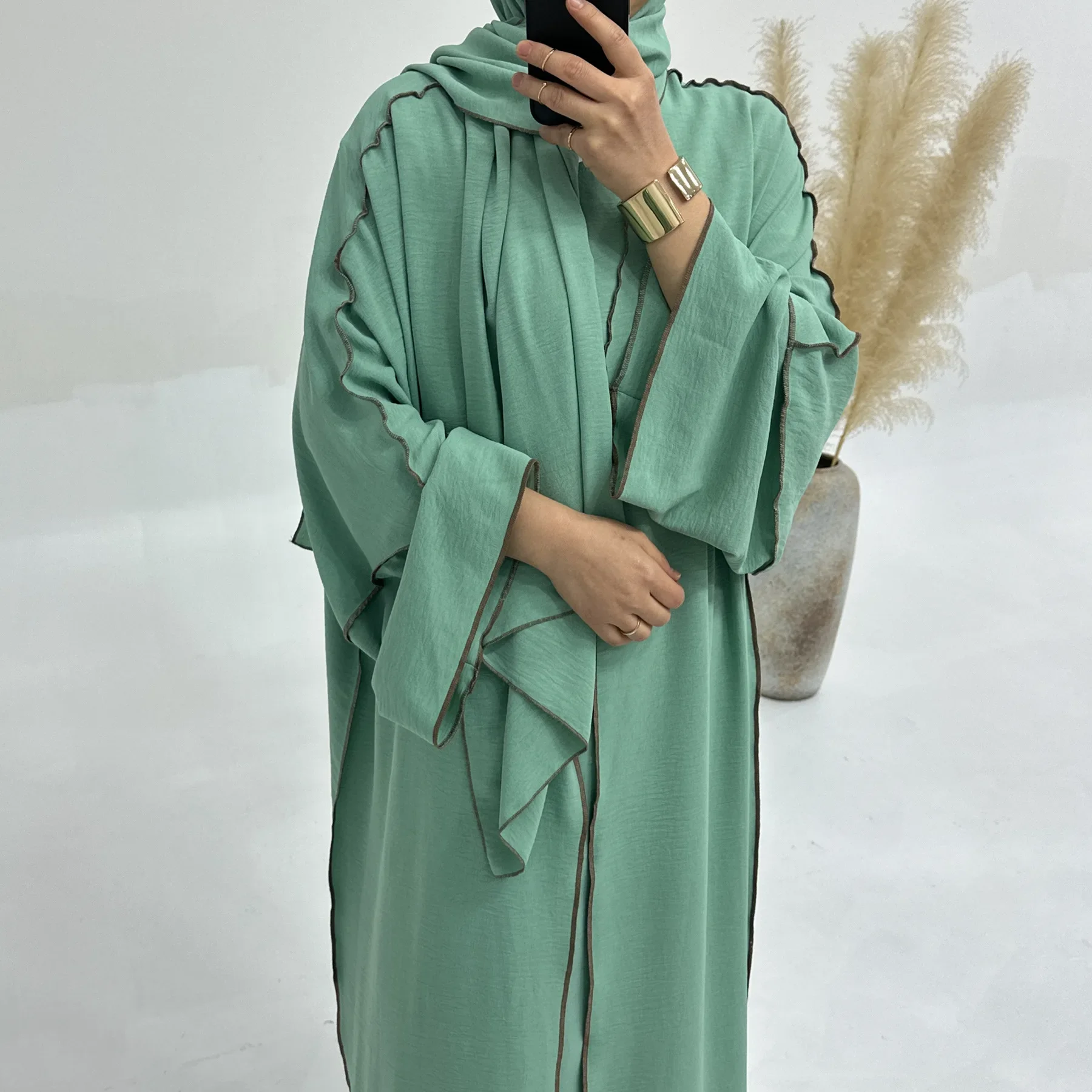 Turquia dubai abayas muçulmano conjunto cardigan volta interna e turbante muçulmano longo robes de três peças muçulmano aberto abayas para vestido feminino