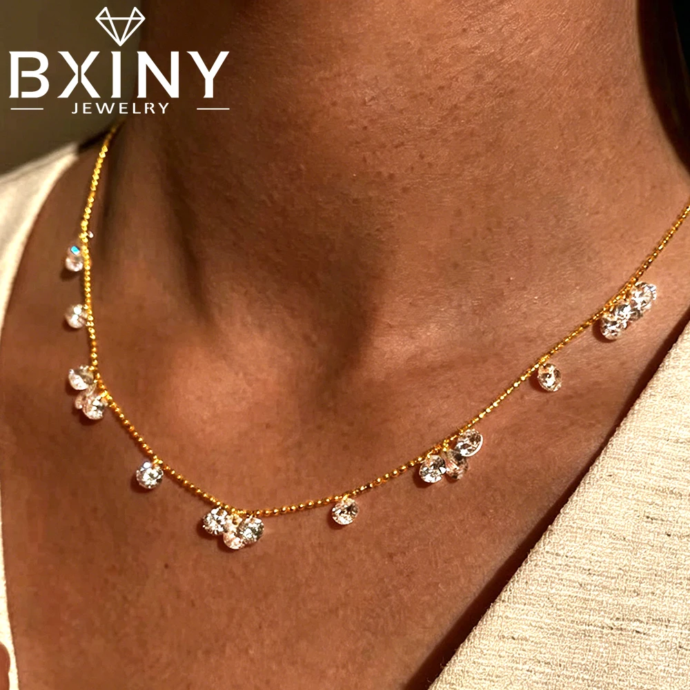 

BXINY 100% S925 Silver WaterDrop Zircon Bead Necklace Sparkling High Carbon Diamond Neck Chain for Women Party Fine Jewelry Gift