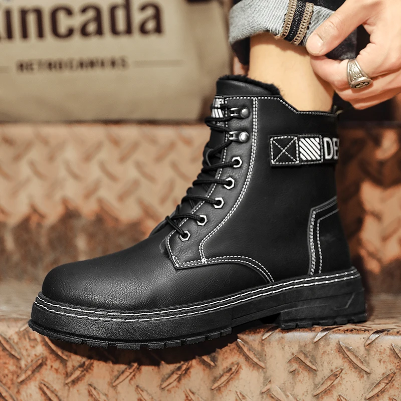 

Winter Black Men Leather Boots Outdoor Warm Mens Ankle Boots Fashion High Top Casual Shoes with Fur Street Style Leisure Boots
