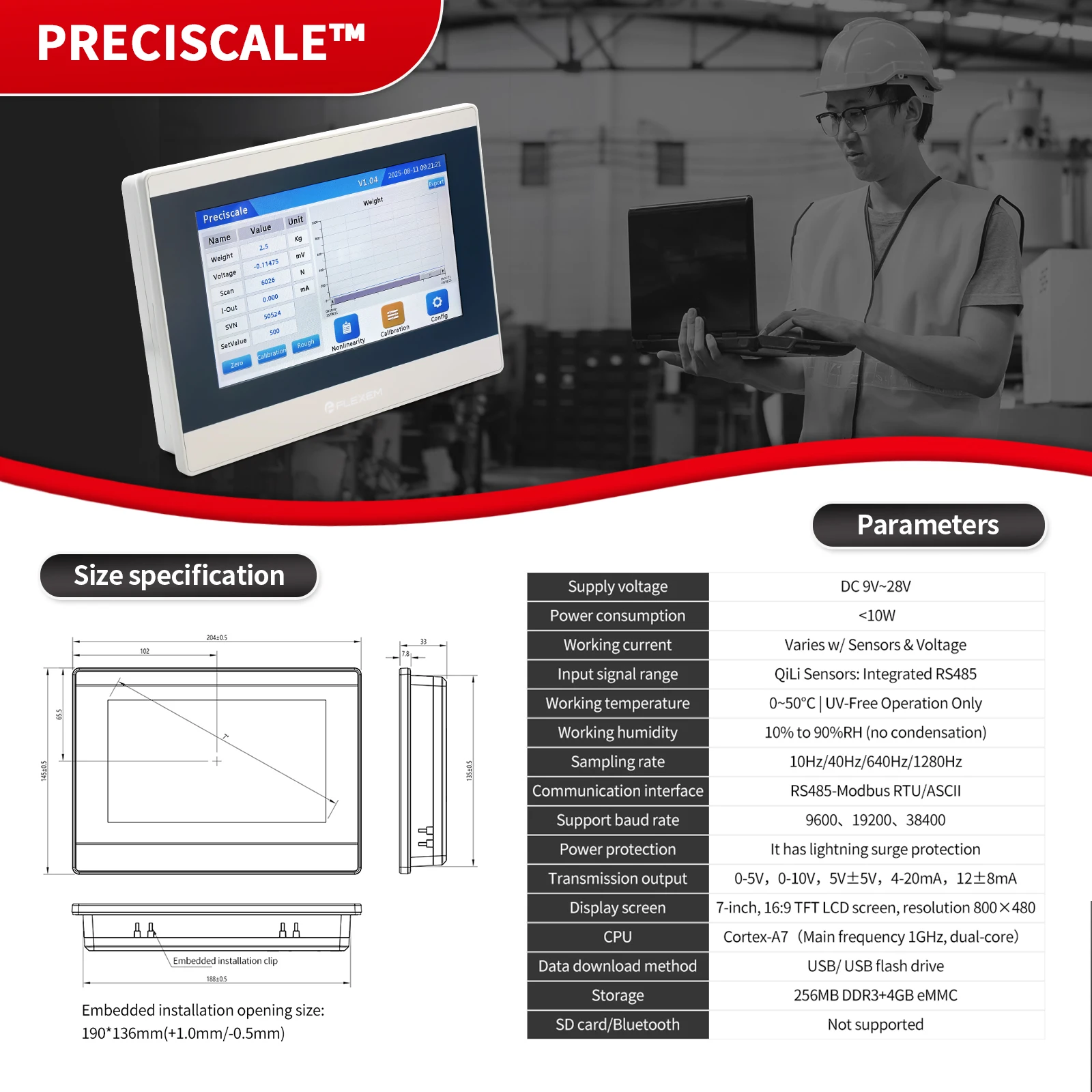 

Load Cel lPaperless Recorder Touch Screen Data Logger 4 Channel,7 inch Display,USB Export, No Weights Calibration,RS485 Modbus