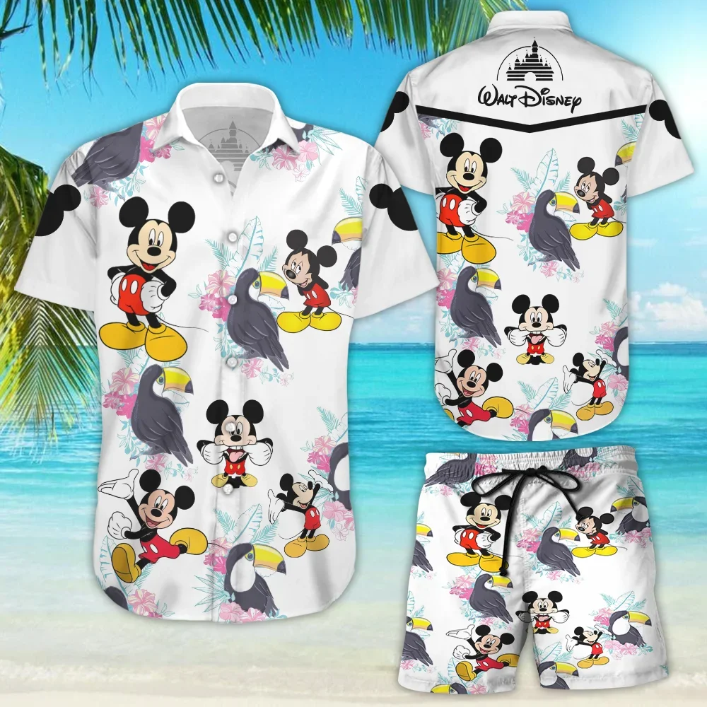 Conjunto de camisa e shorts havaiano mickey masculino e feminino, casual de férias na praia, botão vintage, verão