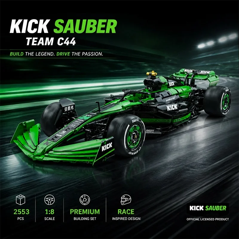 Klemmbausteine 1:8 KICK SAUBER F 1 C44 Rennwagen Technischer Bausatz Sportliches Geschwindigkeitsfahrzeug Baustein-Modellbausatz Spielzeug für Jungen DIY-Geschenk für Erwachsene 2553 Teile