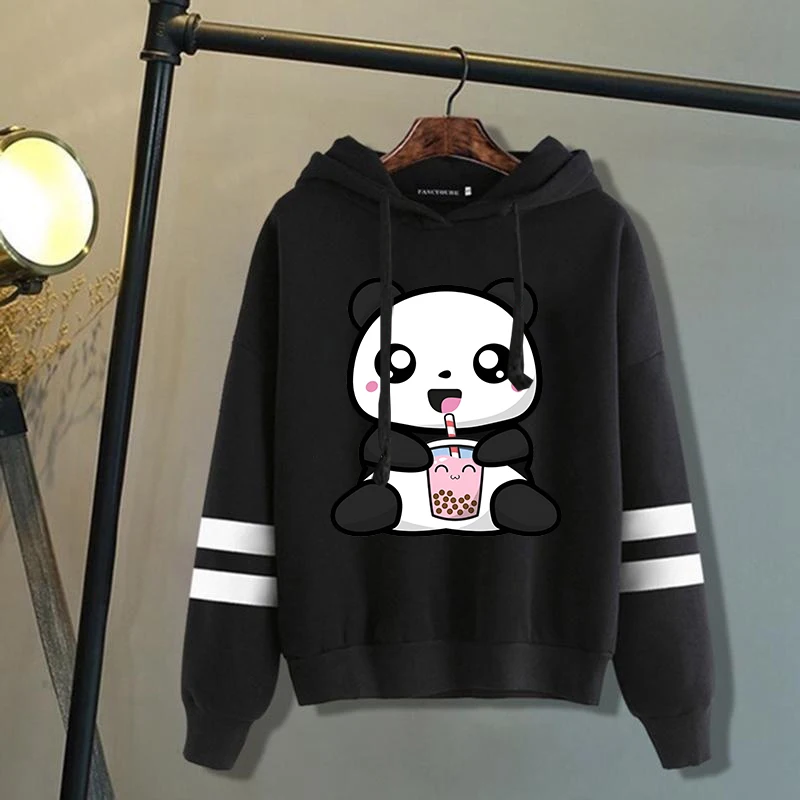 New Fashion Women'S Men's Casual Hooded Kawaii Cute Panda Boba Tea Printed Long Autumn And Winter Fleece Stripe Hoodies/Sweater