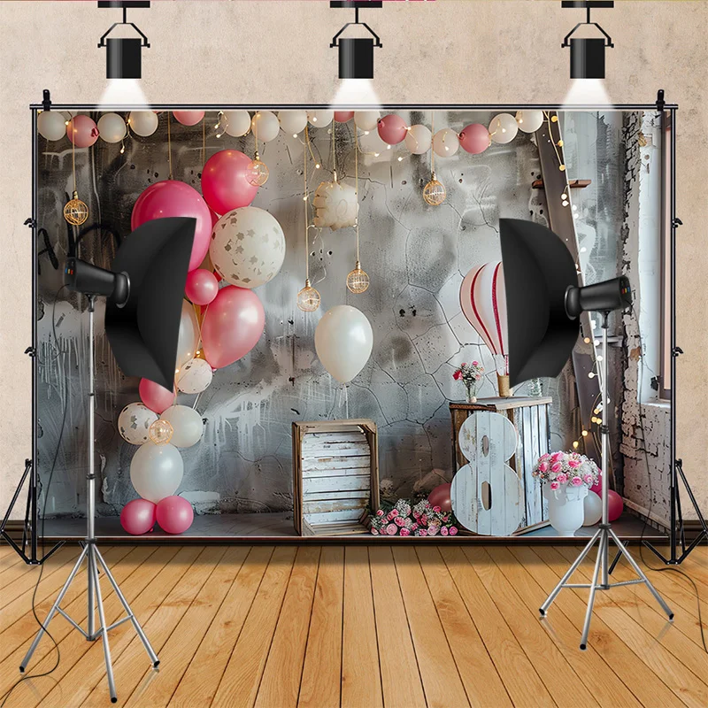 Happy Birthday  Photography Background  Number Pink Bear doll Hydrogen balloon Floral  Baby  Party  Backdrops  SR-72