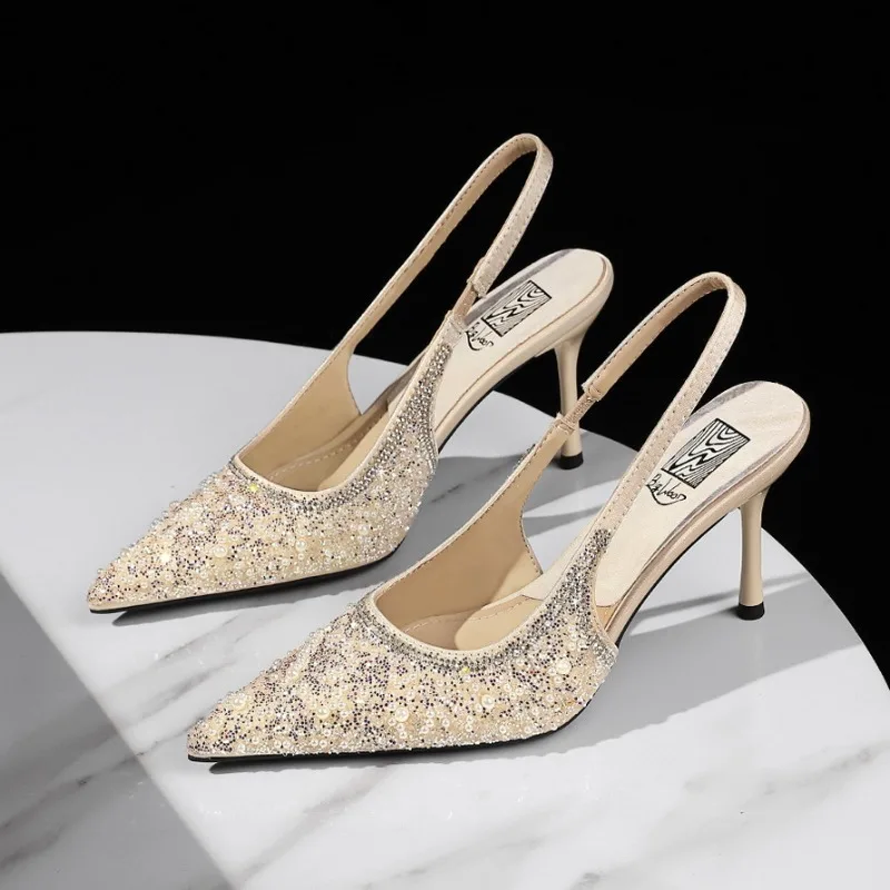 Sequin Shiny Crystal High Heels for Woman Luxury Designer String Bead Pointed Toe Pumps Elegant Slingback Wedding Bridal Shoes