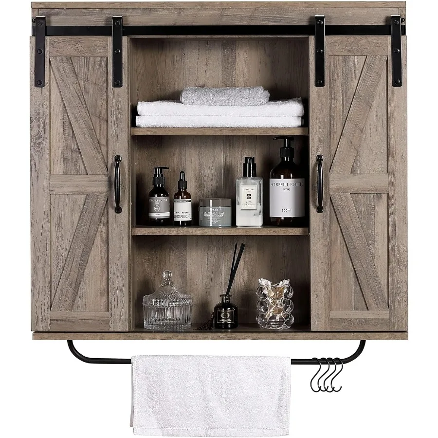 Rustic Wood Wall Storage Cabinet with Two Sliding Barn Doors Featuring Three Tier Design for Kitchen Dining Room Bathroom and L