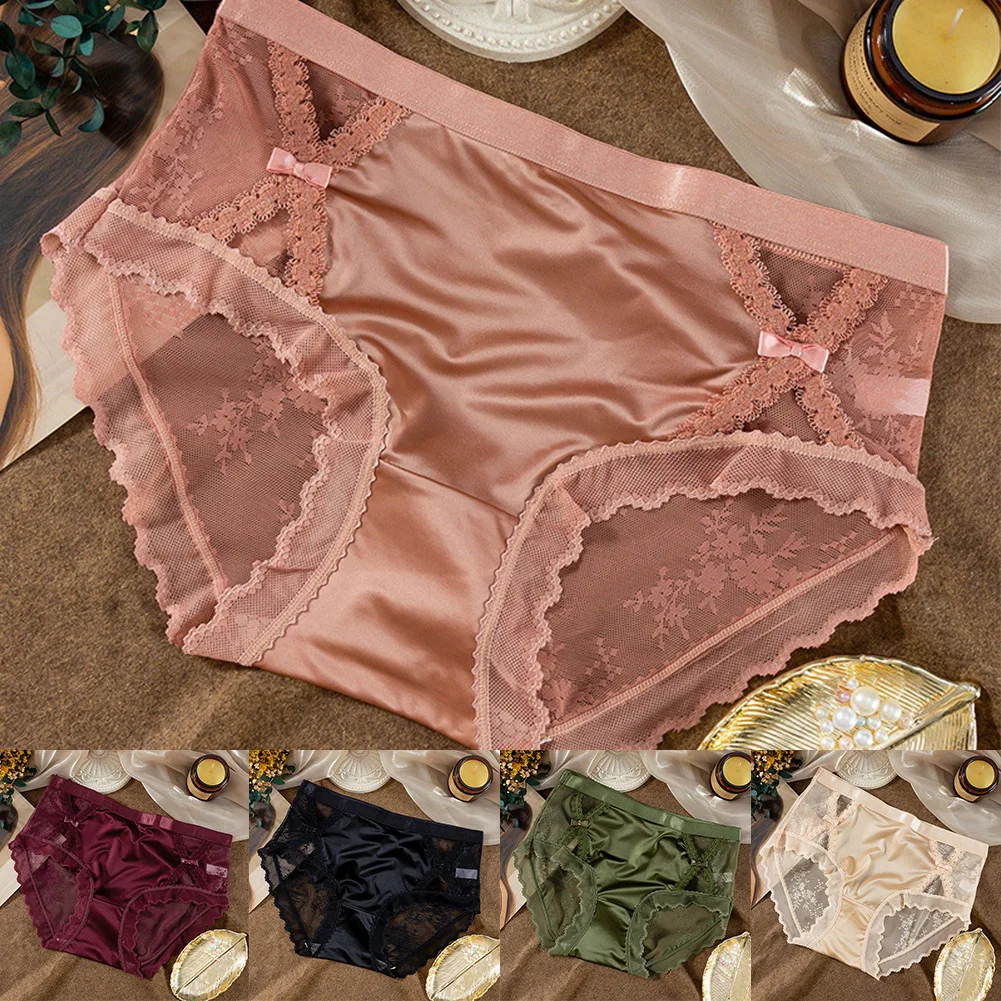 Women‘s Satin Hollow Out Lace Panel Silky Knickers Sexy Brief Underwear Lace See Though Panties Seamless Women Briefs Shorts