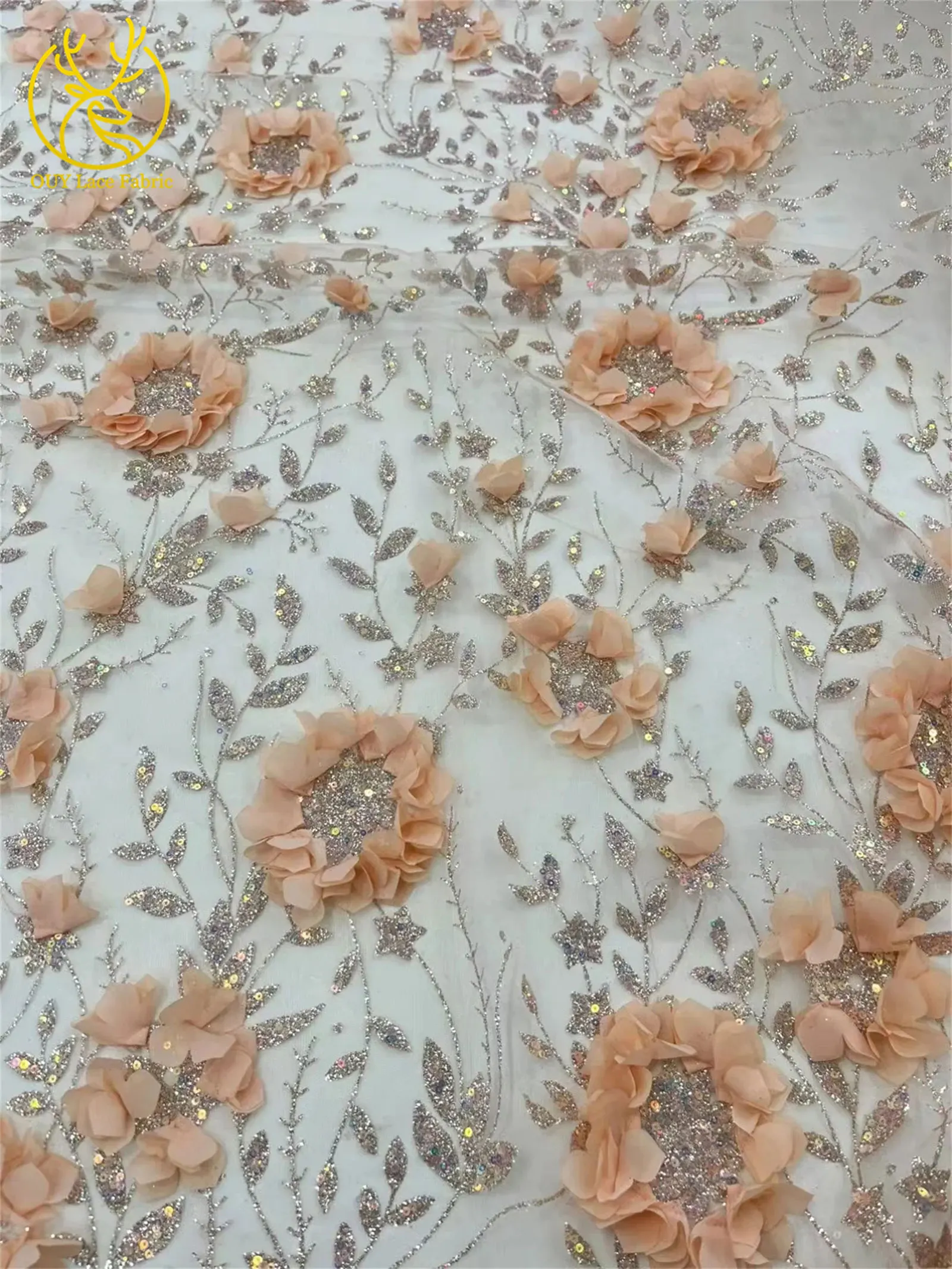3D Blumen-Pailletten-Spitzenstoff 2026 Hochwertiger Französischer Nigerianischer Klebe-Pailletten-Spitzenstoff für Party-Hochzeitskleider Abendkleider – Detail 9