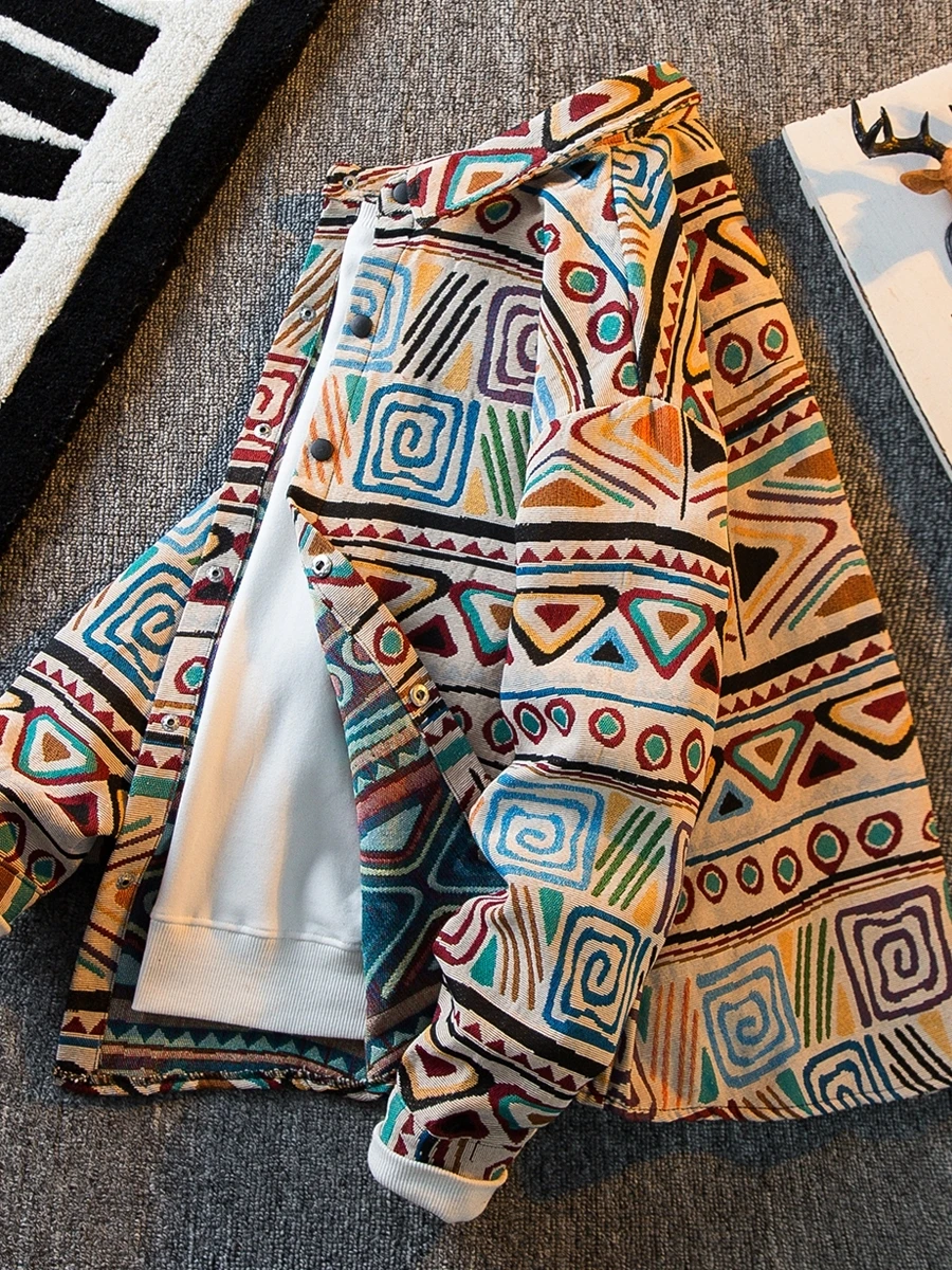 

Vintage Ethnic Style Knitted Shirt Men Boho Spring Autumn Handsome Shirt Jacket Long Sleeved Casual Lightweight Shirt Coat