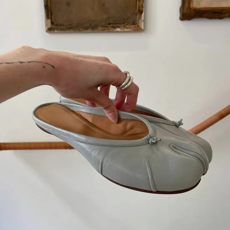 

Sheepskin High-end Sense Outer Wear Leather Split-toed Women's Bag Head Muller Half Flat Bottom Cool Slippers Half Tray