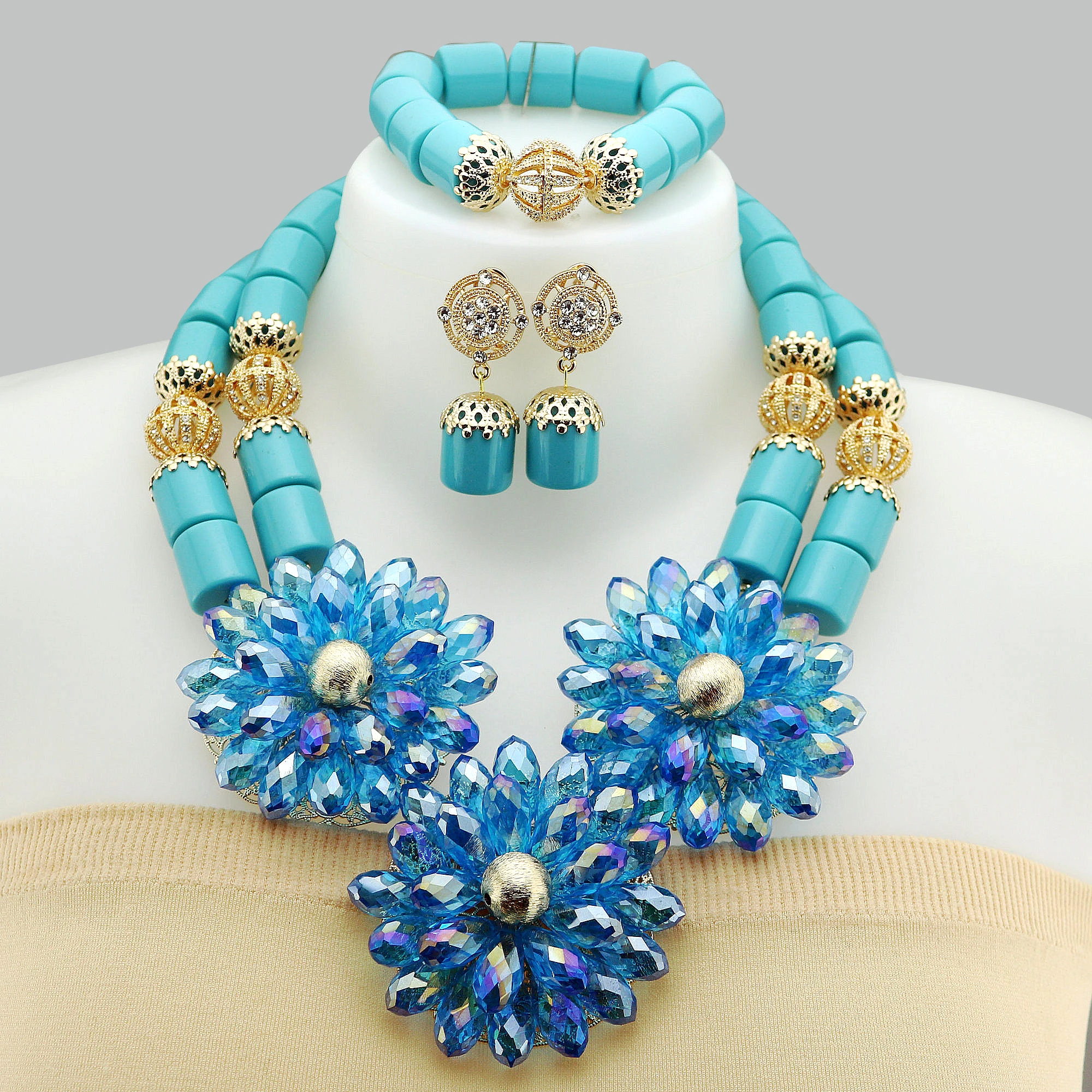 

African Beads Jewelry Set Crystal Jewelry Set Resin Necklace Earrings Bracelet Nigerian Wedding Jewelery Sets For Party