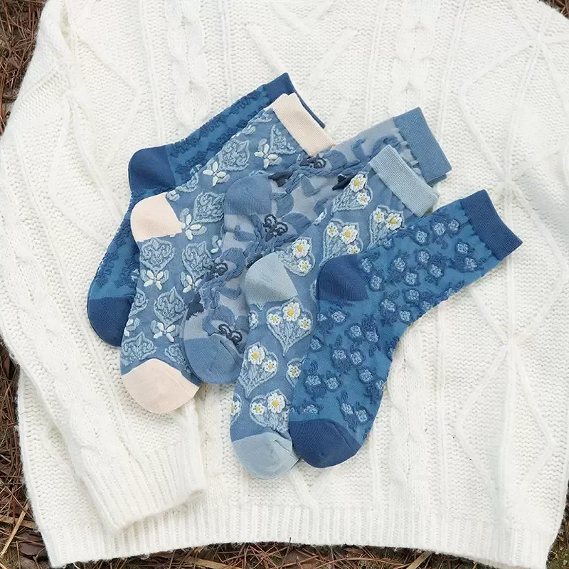 

Синие женские носки, японская мода, цветочное тиснение, винтажные женские носки, в Корейском стиле, в этническом стиле, Харадзюку, ретро, уличная одежда, длинные носки