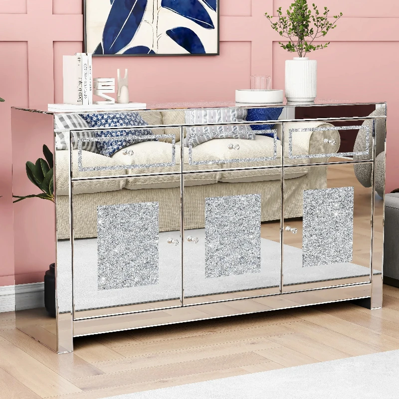 Mirrored Glass Cabinet With 3 Doors 3 Drawers Crushed Diamond Inlay Glass Top Home Decor Living Room