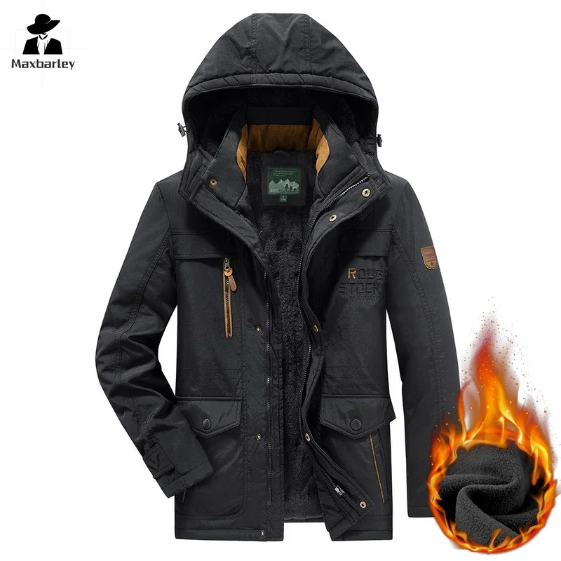 

Winter Jacket Men's Fashion Thickened Wool Lining Warm Parka Outdoor Mountain Wear-resistant Cold-proof Hooded Coat Plus Size