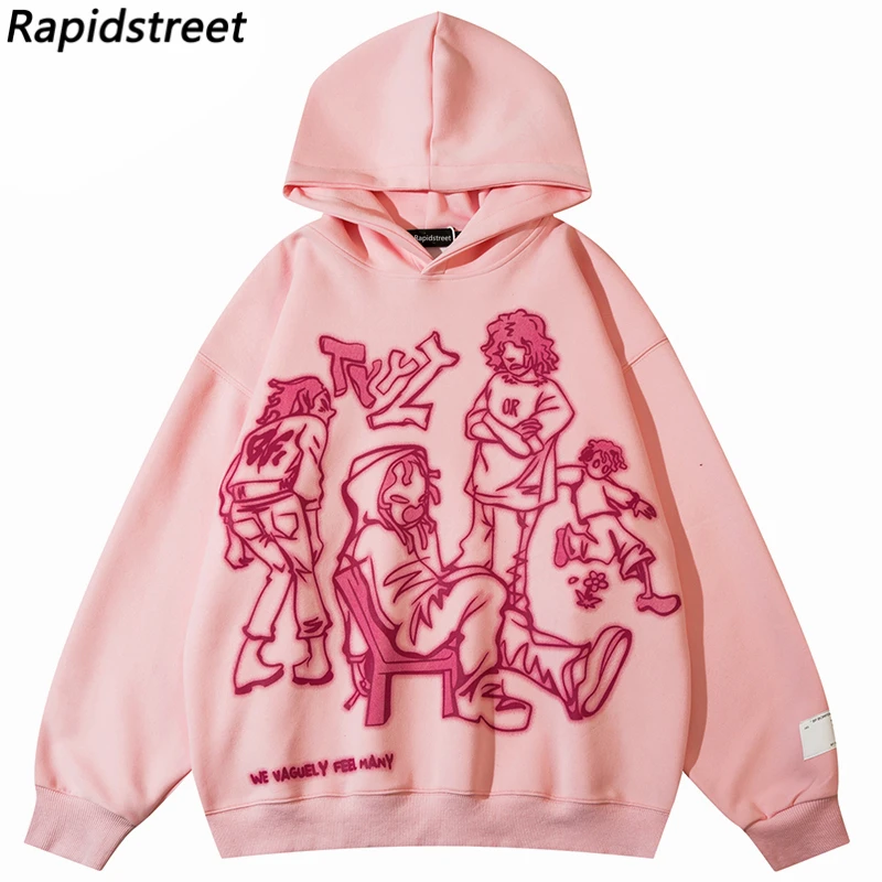 Hip Hop Streetwear Hoodie Sweatshirt Japanese Anime Cartoon Graphic Hoodie Pullover Men Harajuku Cotton Hooded Sweat Shirt Pink