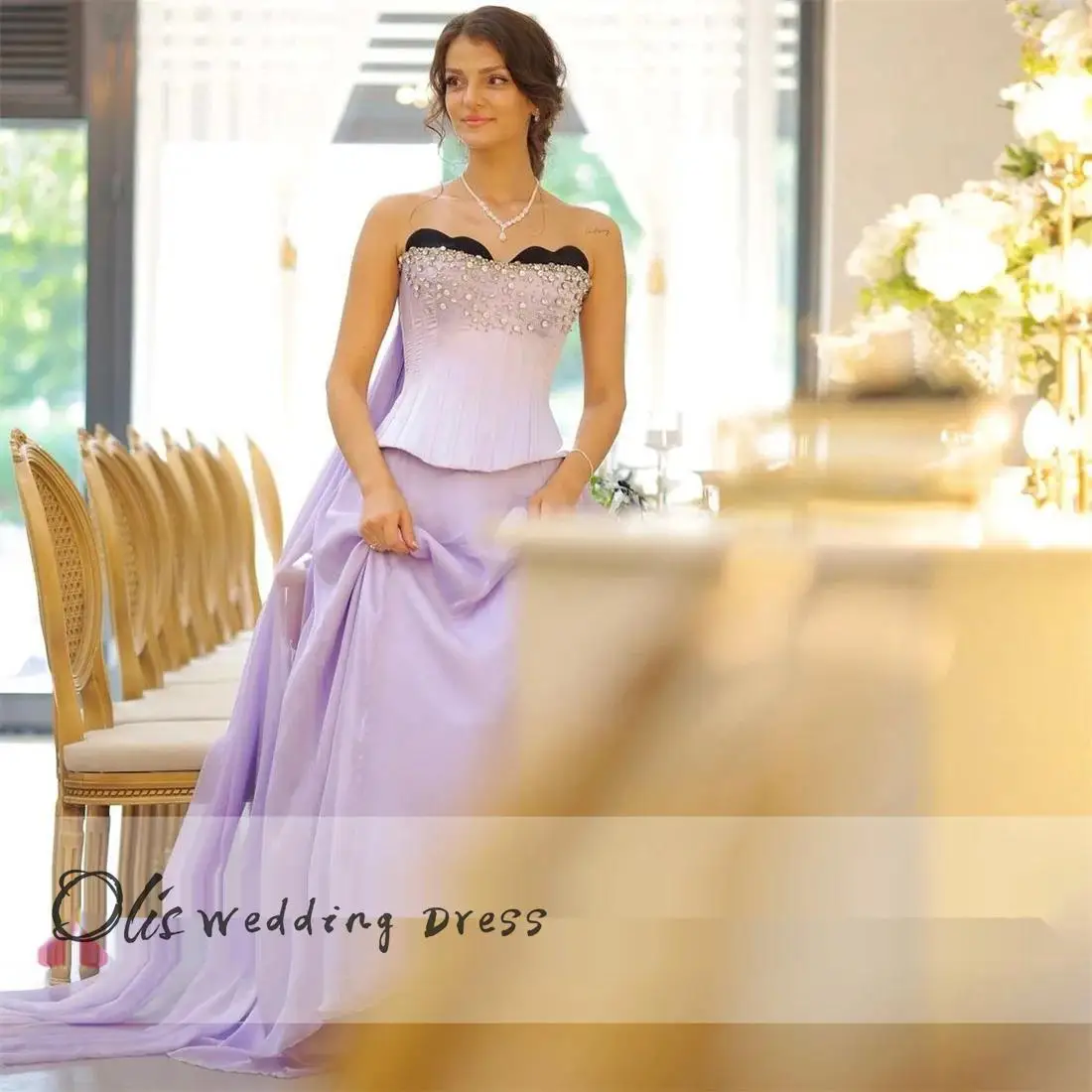 customized Lilac Chiffon Rhinestone Customized Luxury Evening Gown Sleeveless Lace-up Formal Occasion Party Dress For Prom Bride