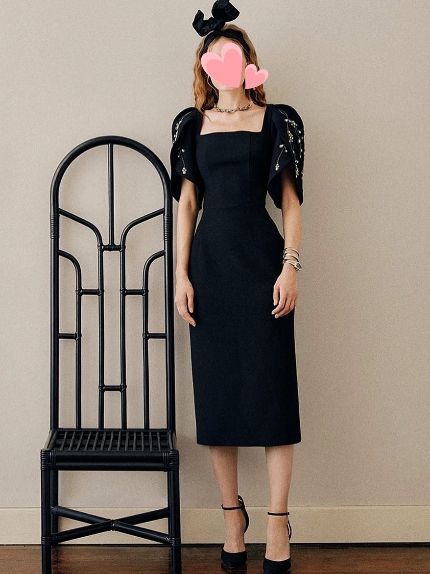 

Oisslec Prom Dress Elegant Vintage Sweet Beads Black Square Collar New Customized Formal Occasion Prom Dress Evening Party Gowns