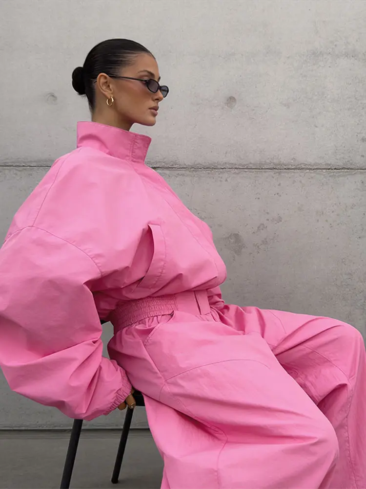 Stehkragen Langarm Oversize-Oberteil und Hosen-Set für Damen, Streetwear mit Taschen, Lockere Mäntel, Hosen mit Elastischem Bund, Schickes Damen-Outfit, Neu – Detail 3