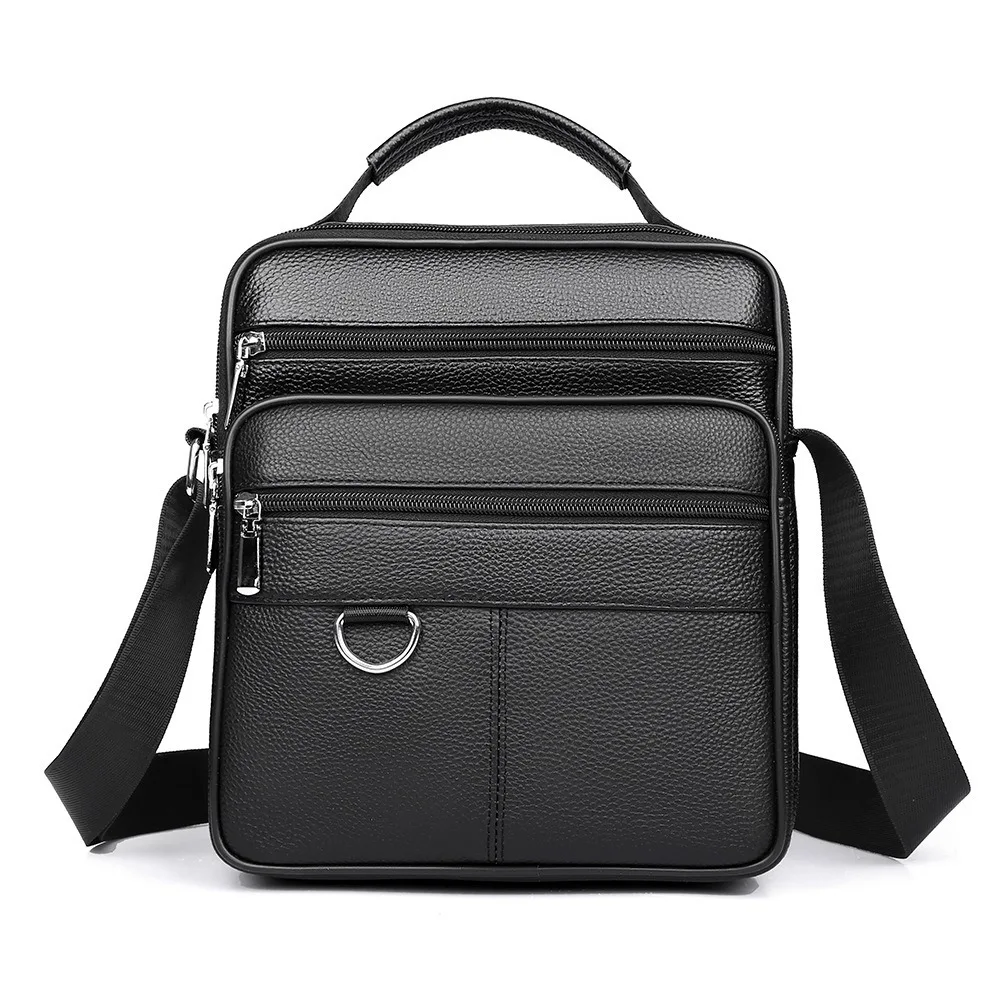 Square genuine leather hand-held men's bag, business single-shoulder bag, multi-layered vertical lightweight men's crossbody bag