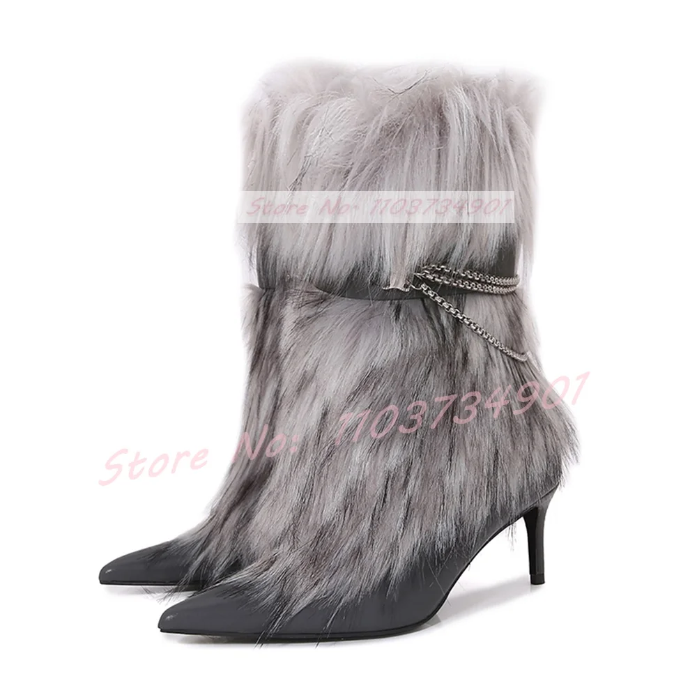 Furry Metal Chain Belt Buckle Stiletto Boots Women Sweet Pointy Toe Slip-On High Heels Shoes Ladies Fashion Knee Length Boots