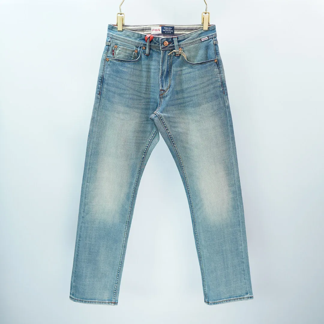 100% Cotton Men's 12oz Selvedge Denim Jeans Jade Ice Silk Versatile Straight Leg Washed Vintage Pants Summer New Arrival 5KM