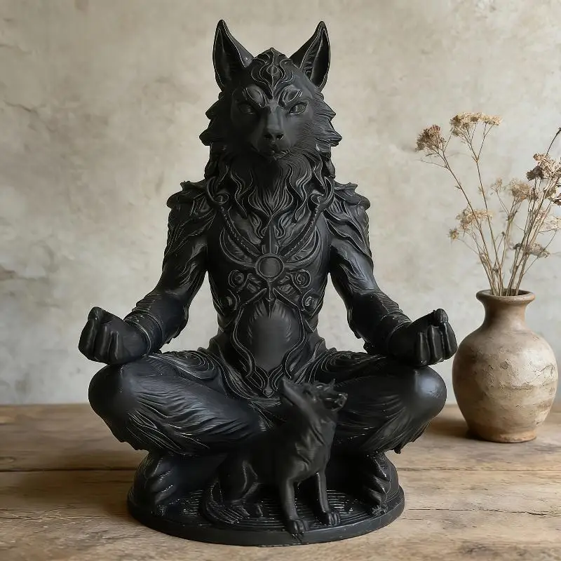 【MA】3D Printing Gothic Werewolf & Cub Meditation Statue For Shelf, Eerie Decor & Collectible Gift