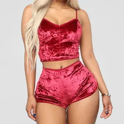 Conjunto de pijama Sexy de seda satinada para mujer, ropa de dormir de terciopelo rosa y rojo, lencería Sexy