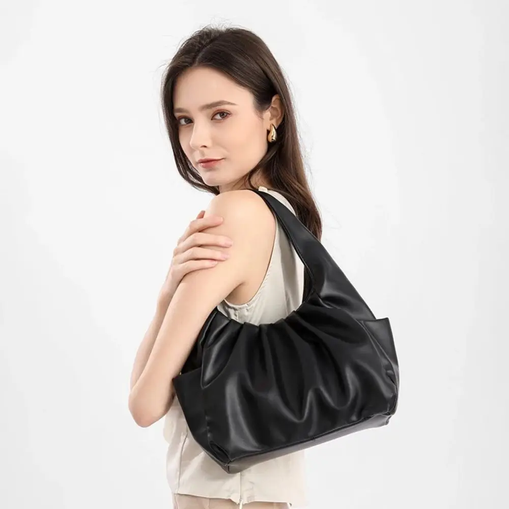 

Korean Style Pleated Handbag Underarm Bag Crescent Moon Croissant Cloud Bag Shoulder Bag Single Shoulder PU Leather Underarm Bag